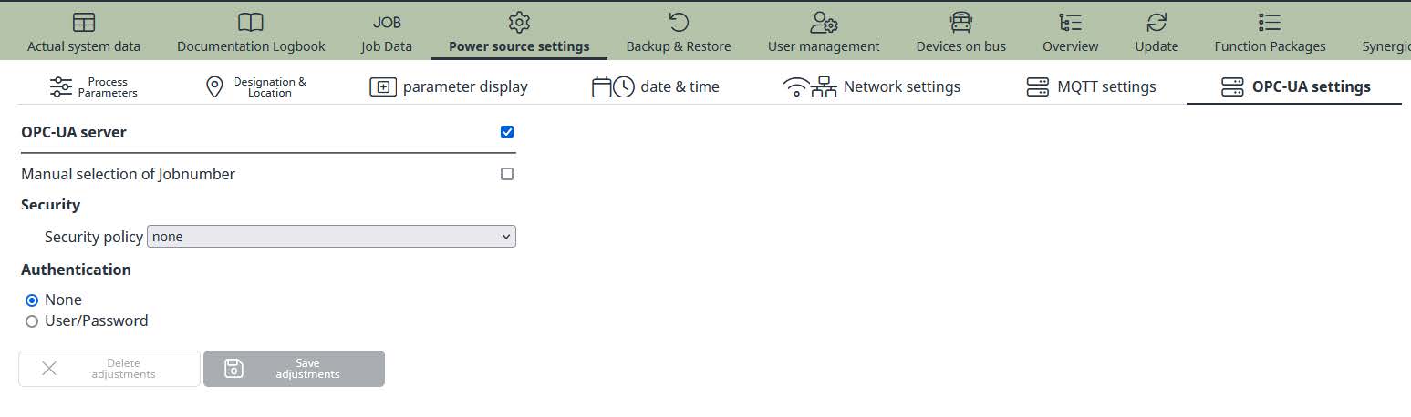 OPC UA: power source settings - OPC UA settings