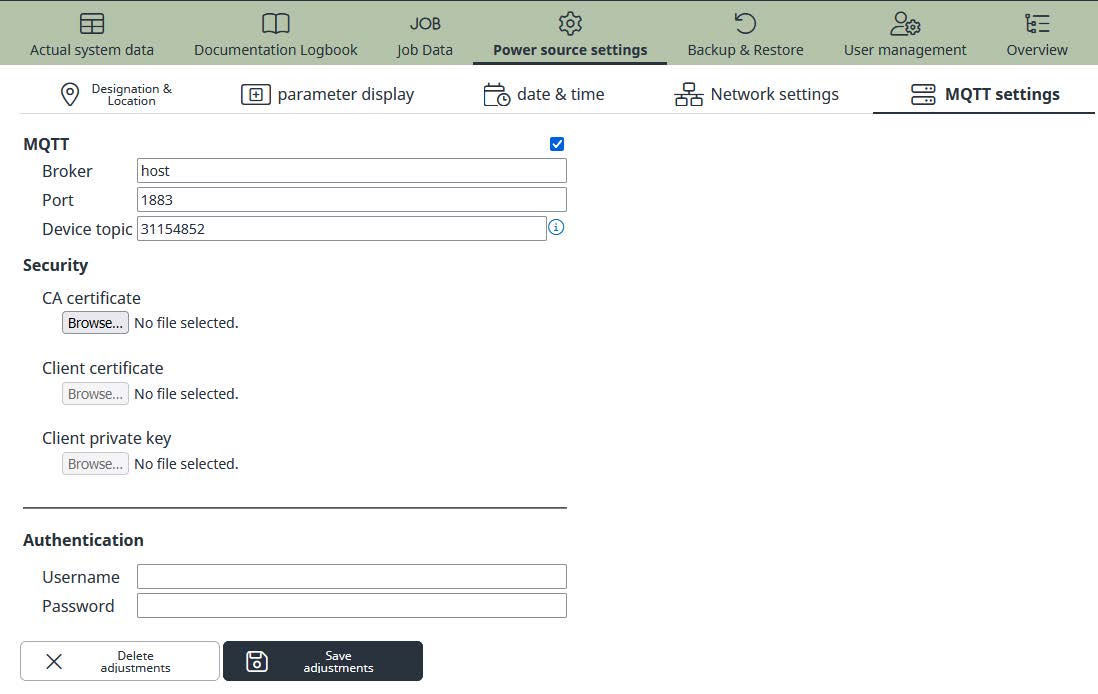MQTT: power source settings - MQTT settings