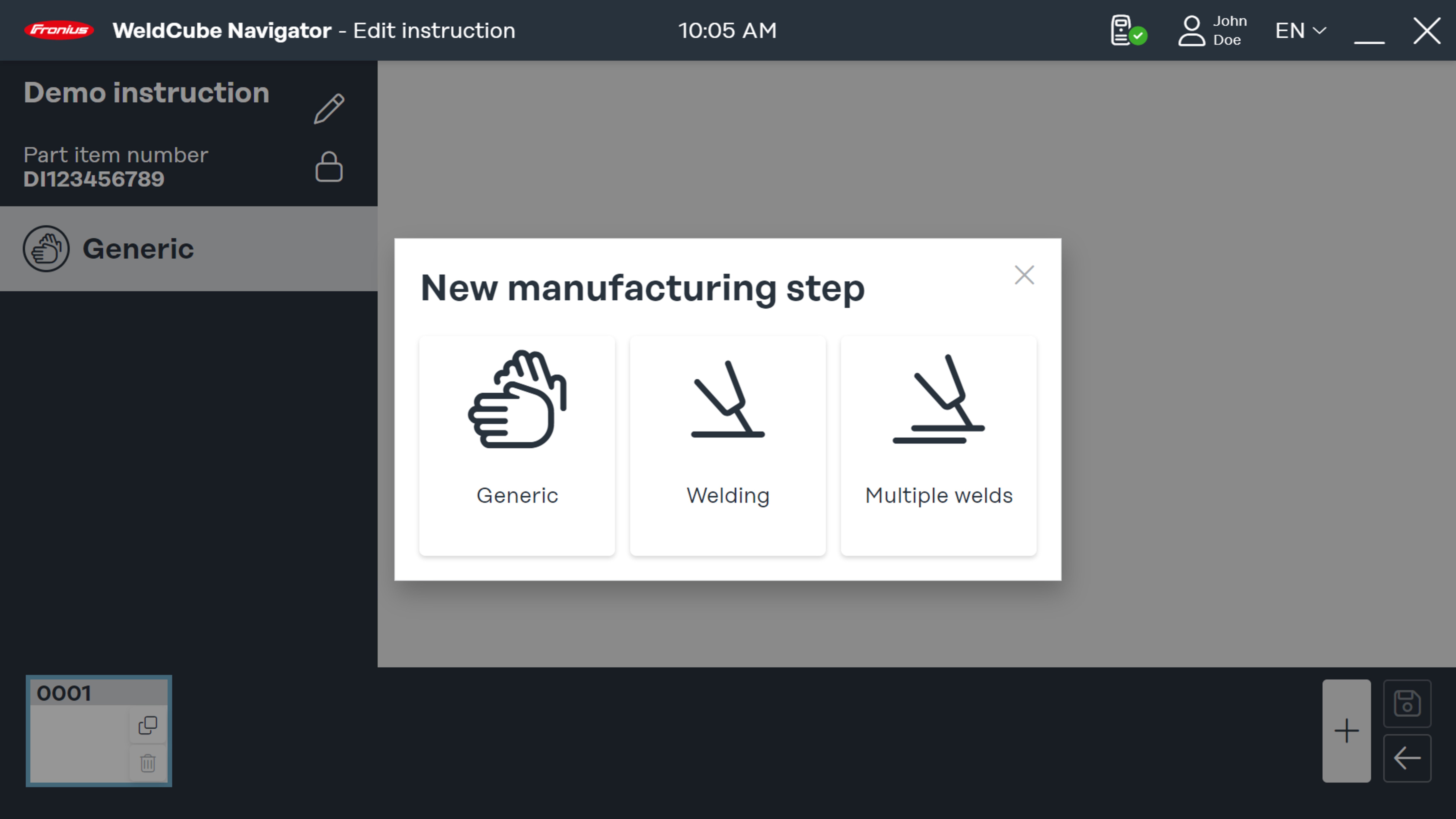 "New manufacturing step" dialog in the editor
