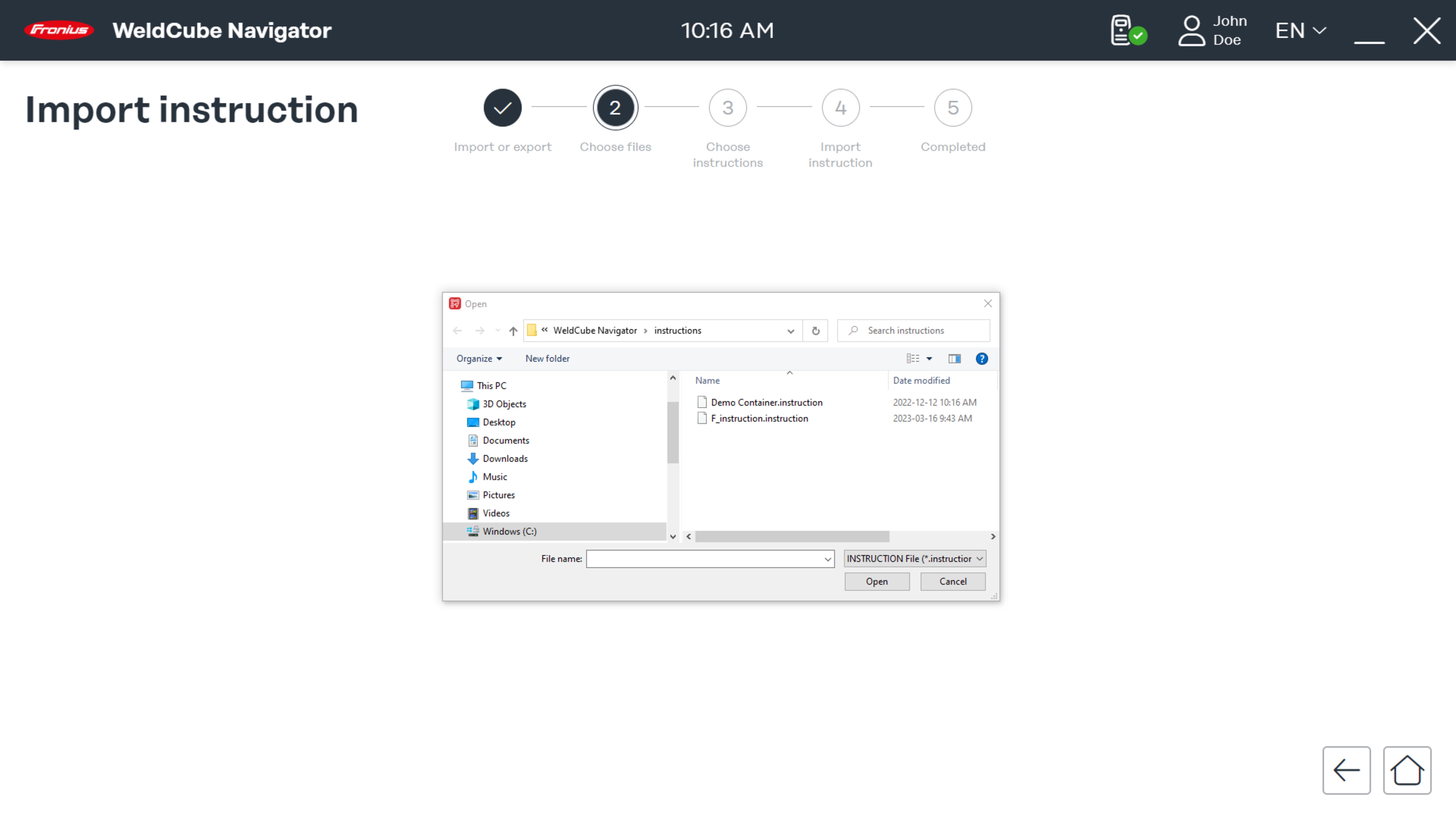 Screen to select file to upload