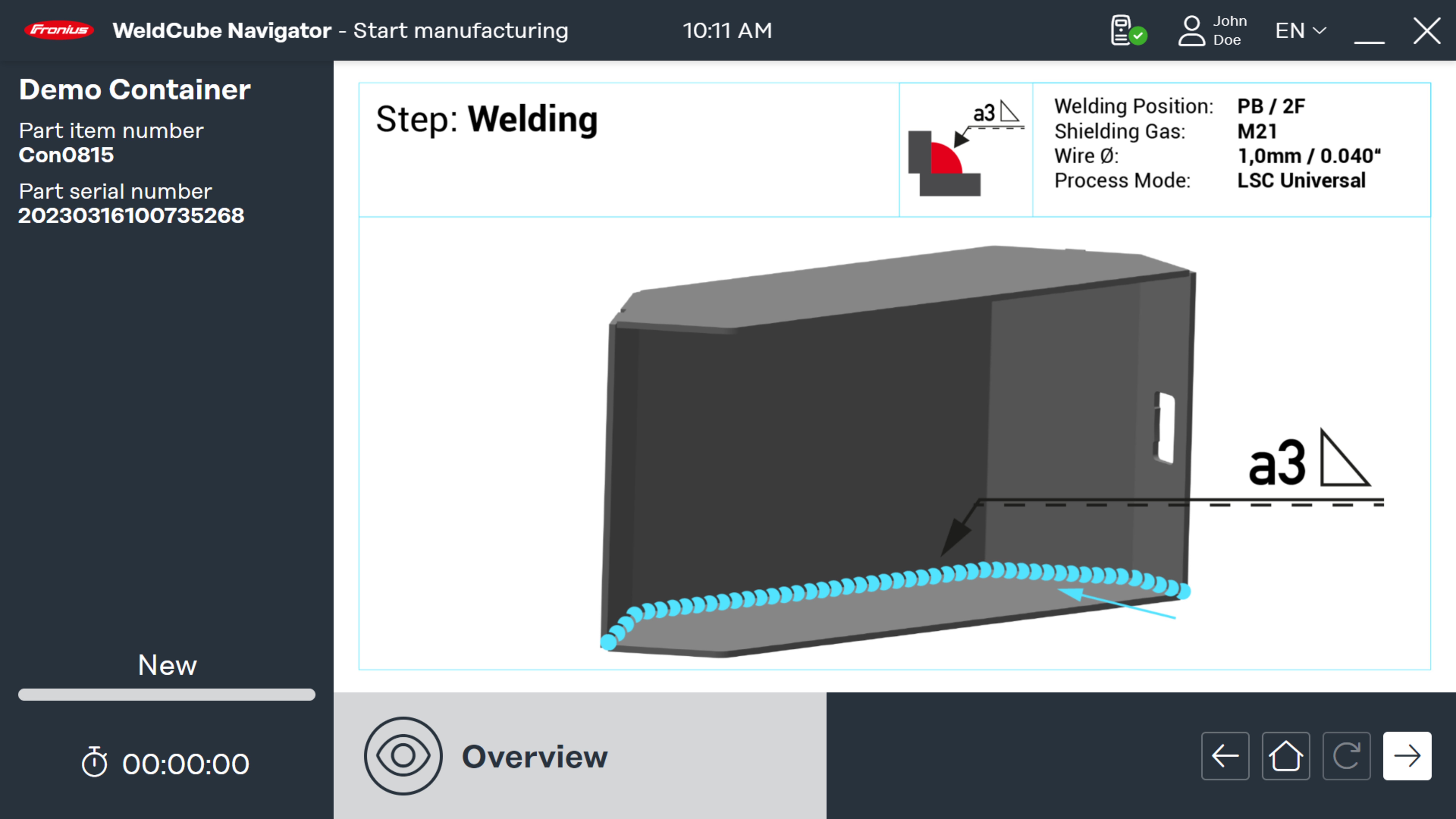 Details of selected welding instruction with sketch of the workpiece