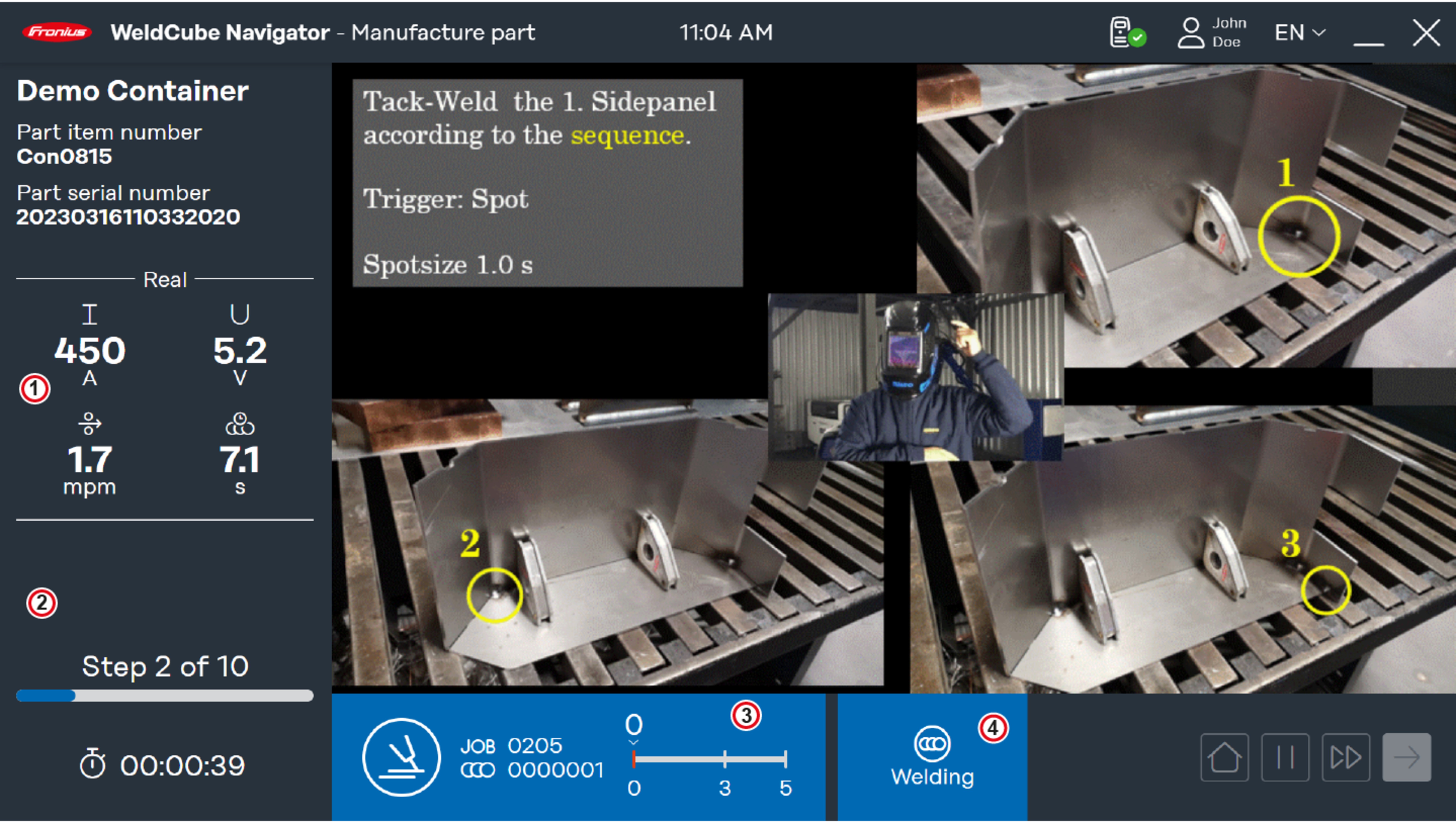 Multiple weld manufacturing step, active welding instruction