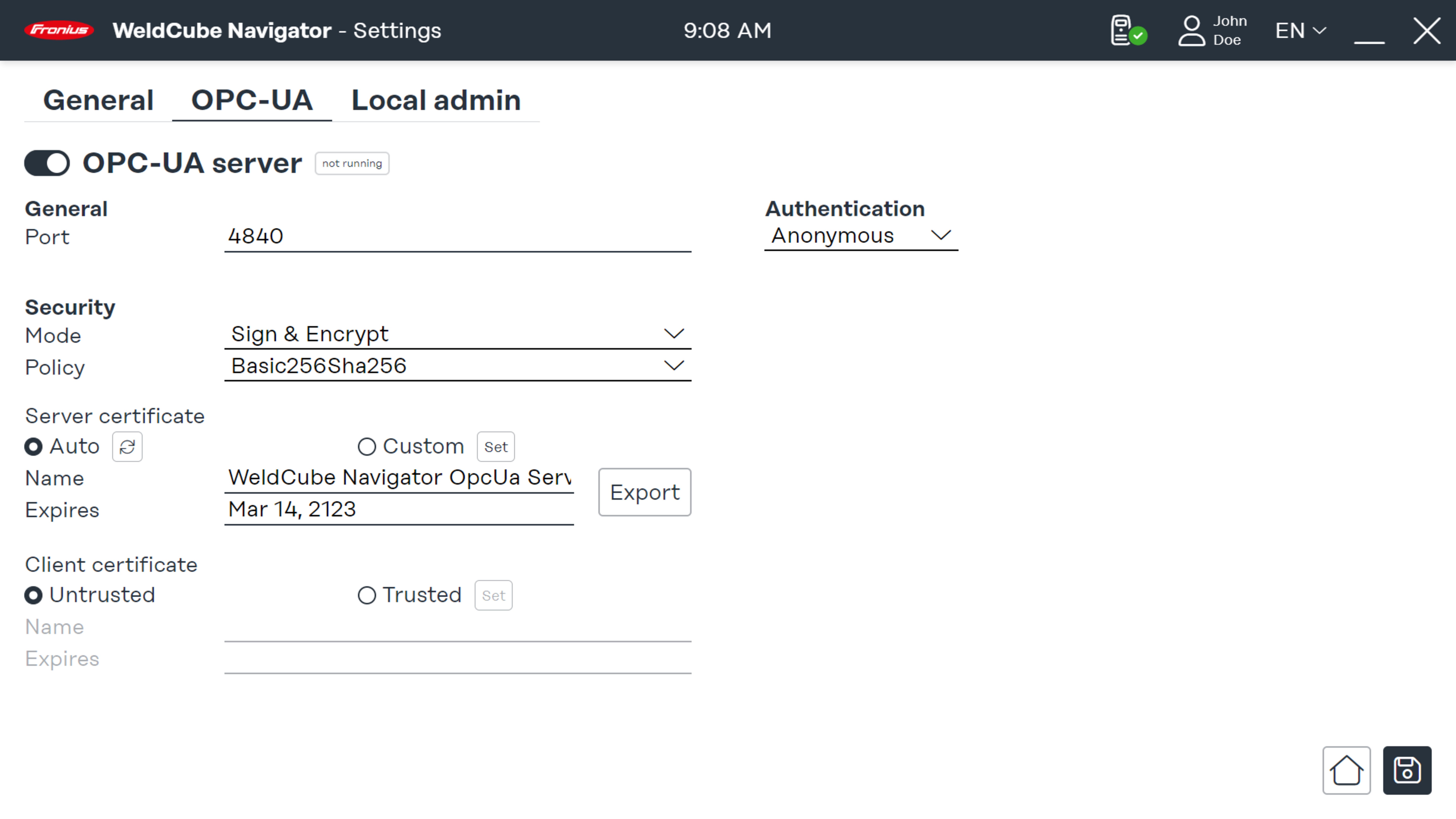 System settings on the OPC-UA tab