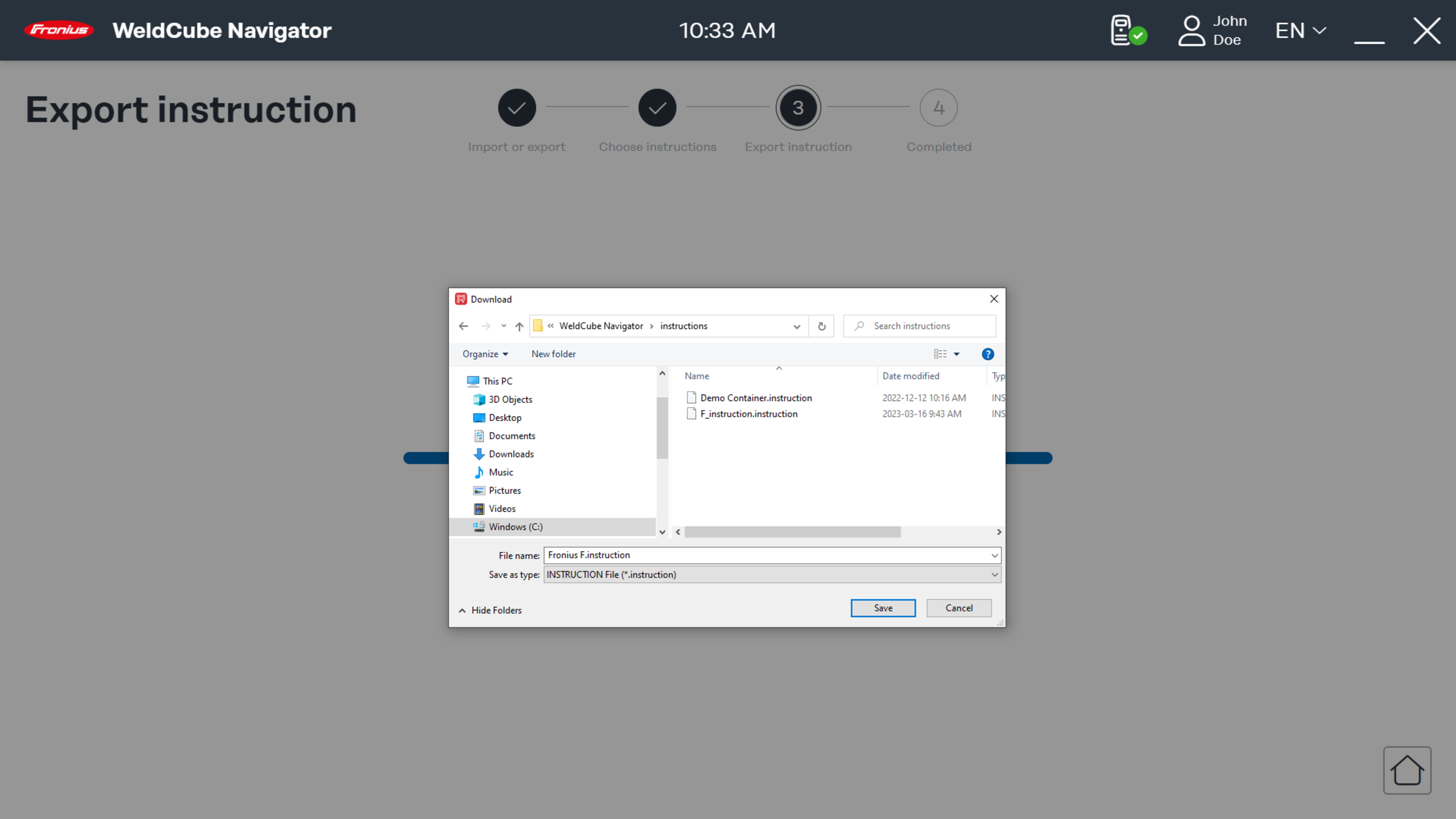 Screen to select the destination folder for the file export