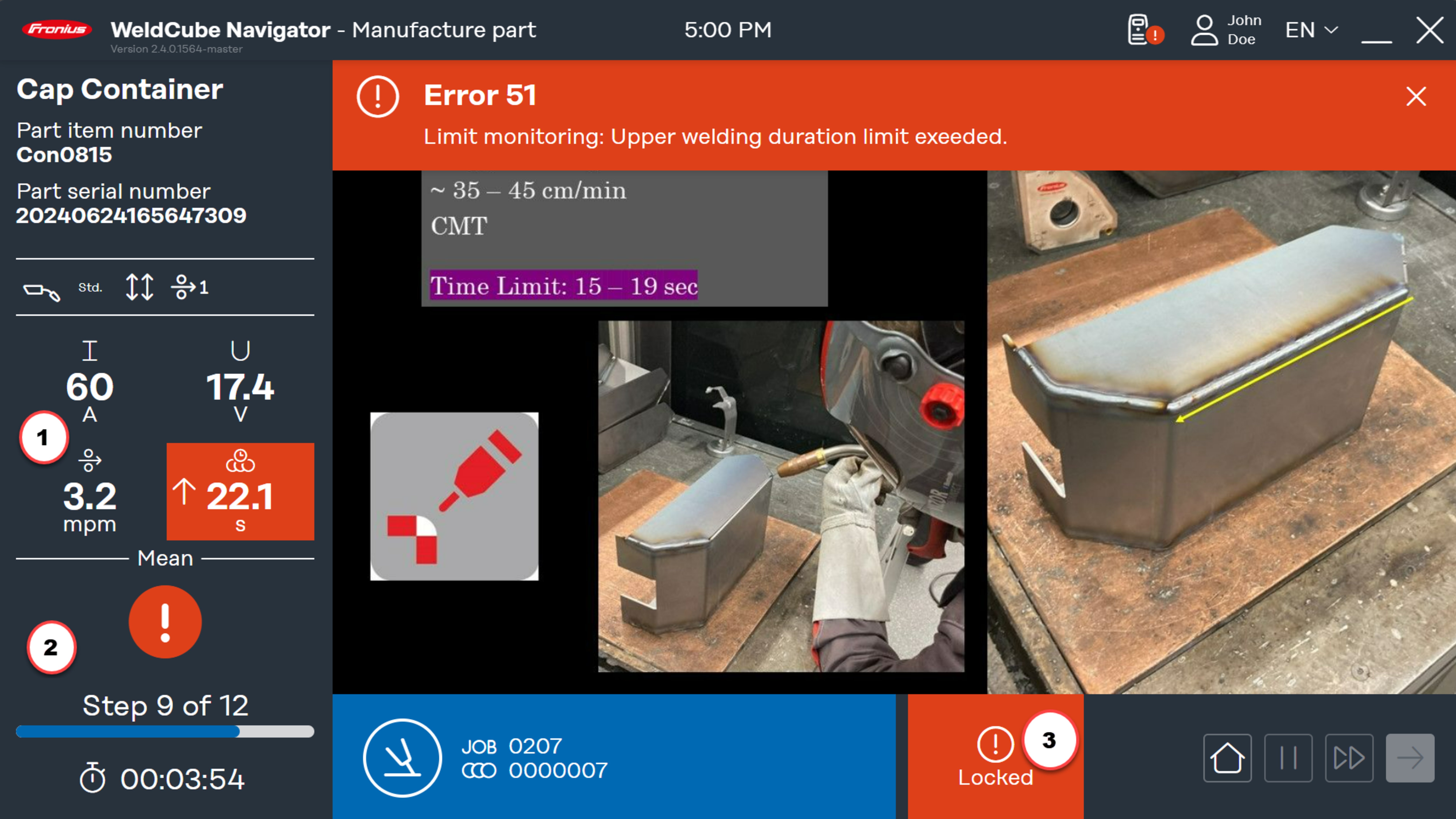 Show limit value violation, "Lock on error" status in the welding instruction