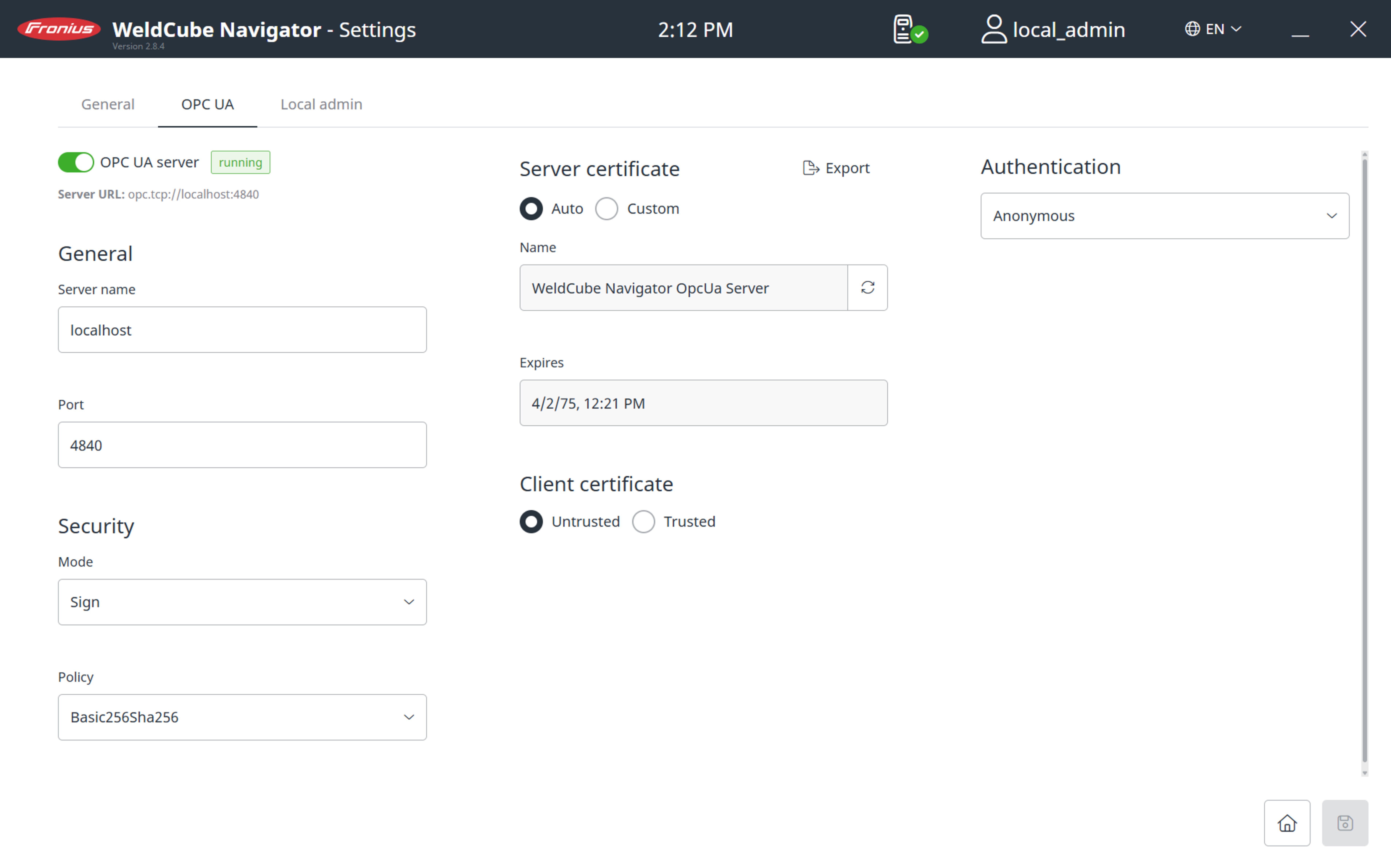 System settings on the OPC UA tab
