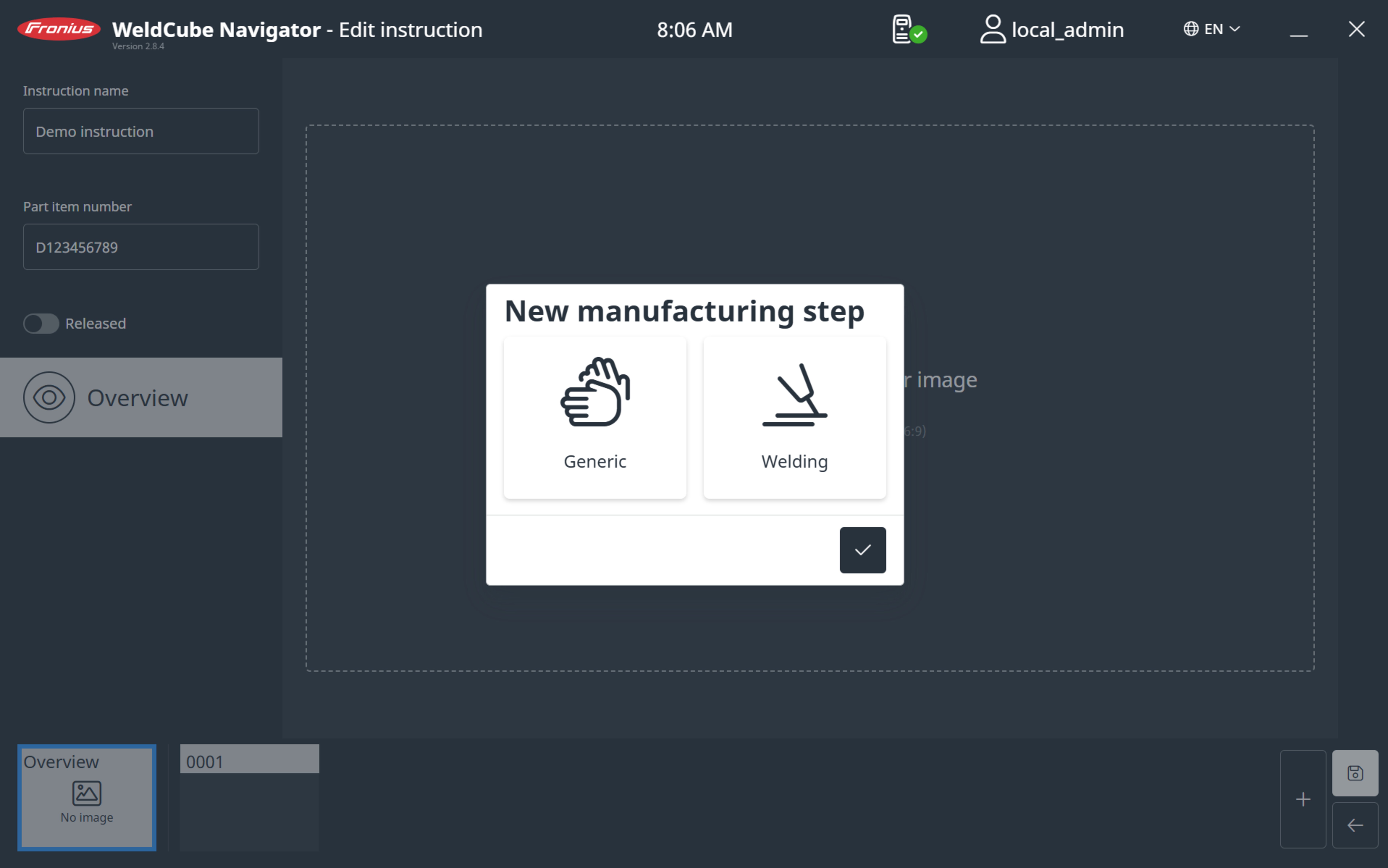 "New manufacturing step" dialog in the editor