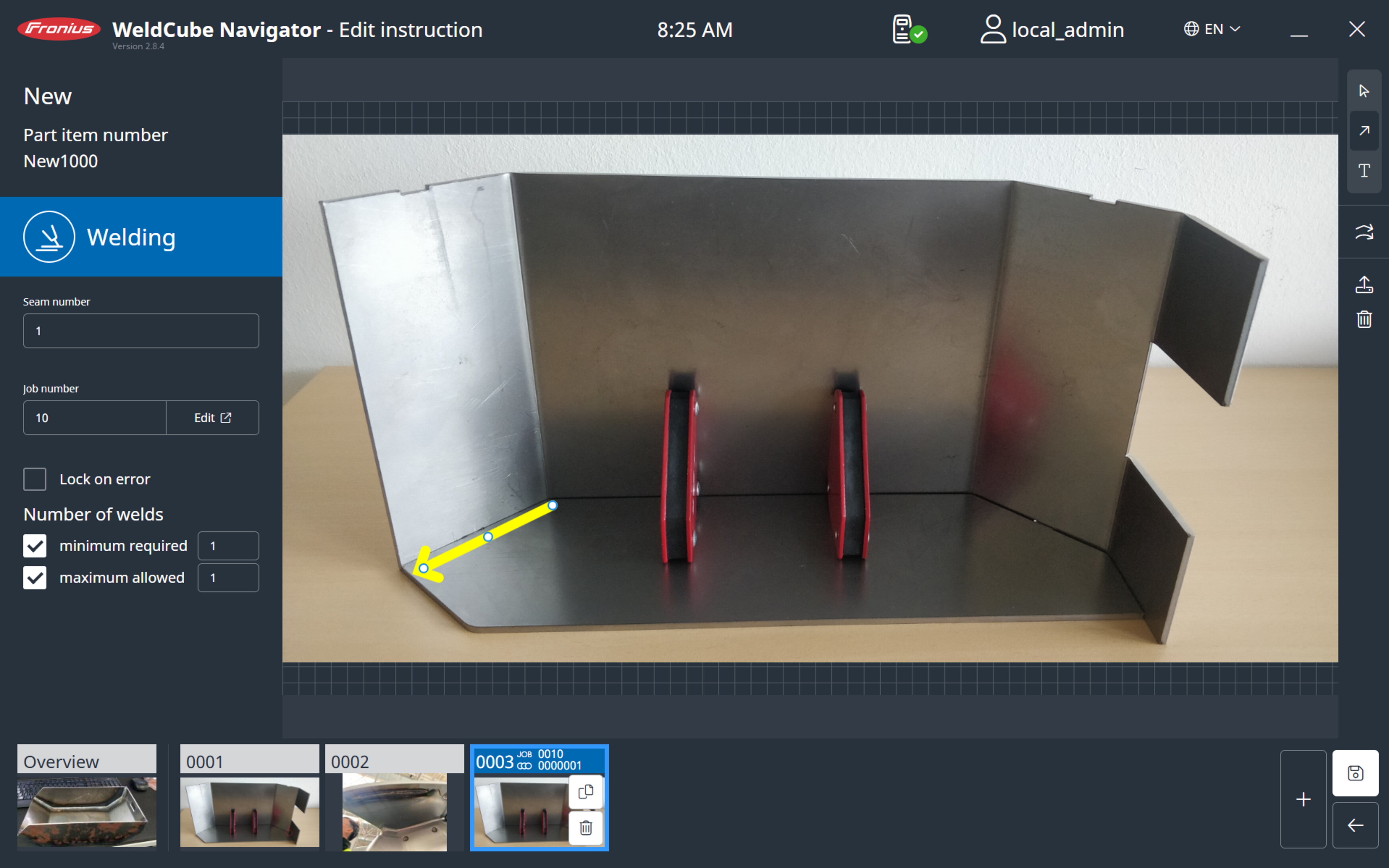 Example of additional information—yellow arrow on the workpiece
